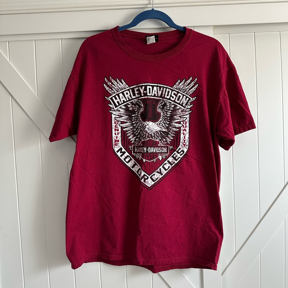 Harley Davidson Motorcycle Red Graphic Tee Glacier Montana Eagle Logo Shirt Sz L